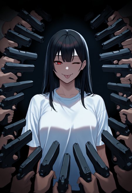anime, masterpiece, best quality, newest, 6+others, at gunpoint, solo focus, holding gun, handgun, too many, 1girl, smile, :p, looking at viewer, long hair, black hair, straight hair, red eyes, one eye closed, white shirt, t-shirt, short sleeves, dark background
<segment:yolo-Anzhc Face seg 640 v2 y8n.pt,0.4,0.5//cid=1>