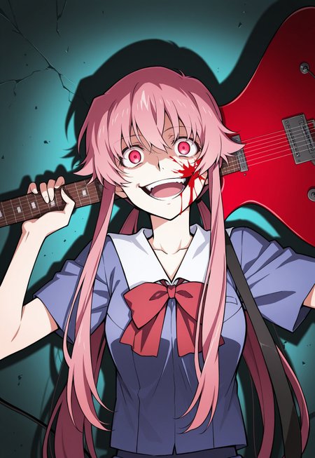 1girl, crazy smile, smashing_guitar, holding instrument, electric guitar, guitar on shoulder, shadow on face, upper body, gasai_yuno, mirai_nikki, gasai yuno, mirai nikki, 1girl, pink eyes, red eyes, pink hair, long hair, twintails, school uniform, blood guitar,
masterpiece, no humans, best quality, high quality, cute, highres,absurdres
