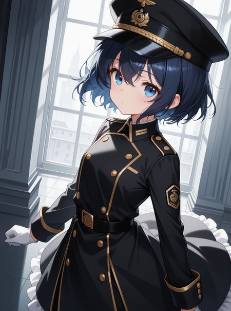 sfw, general, 
<lora:Inui_Sajuna_1213939:1>, 1girl, KJOshion, dark blue hair, blue eyes, hair between eyes, short hair, black military uniform, black frilled dress, long sleeves, wrist cuffs, white gloves, black peaked cap, 
BREAK
general, dutch angle, from front, dynamic pose, <lora:brightness_slider:-0.5>, 
BREAK
masterpiece, best quality, amazing quality, very aesthetic, absurdres, newest, 
<lora:Eyes_High_Definition:0.6>, eyesHD, high gradient eyes, detailed eyes, high definition eyes, 
<lora:LECO_Particles:1>, <lora:LECO_StickClotch:1.5>,