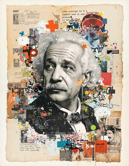 By Raphael Vicenzi, surrealistic artwork, albert einstein, newspaper collage