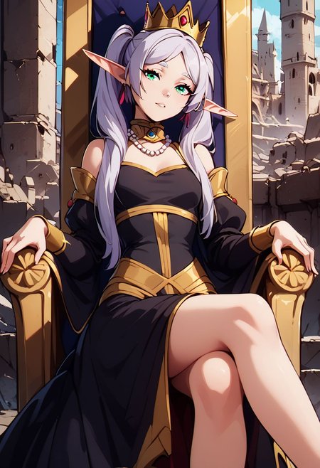 score_9, score_8_up, score_8, medium breasts, (curvy), cute, eyelashes,     
rating safe, 
BREAK, zzCitronCAT, 
zzFrieren, long hair, twintails, green eyes, grey hair, pointy ears, elf, black dress, 
BREAK, 
head tilt, sitting on throne, huge throne, oversized throne, ruins, 
abandoned castle, crown, pearl necklace, 
BREAK,
zPDXL, Expressiveh