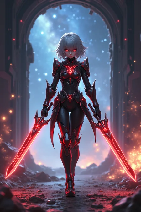 Hyper-realistic scene with amazing quality, a masterpiece in best quality, featuring hyper-detailed and ultra-detailed UHD rendering. The scene includes DOF (depth of field) and HDR for an immersive visual experience. A full-body view of a beautiful, cute girl with perfect anatomy and silver hair, standing in a fighting stance. Her detailed eyes and serious expression face the viewer as she navigates through a space ship in the vast universe. She moves towards a broken door with sparks and flames, set against the backdrop of the Milky Way and a starry sky. The girl is wearing a fantastic black and red hybrid armor, holding a glowing sword. The armor and sword shine with a dazzling, mecha-inspired glow. The setting has a strong technology and futuristic style, featuring a red titanium mecha in the background, with explosions and added sharpness to enhance the intensity.