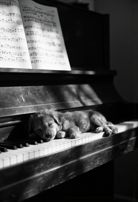 NyxBorne. A black and white photo shoot from a close-up camera angle about a small dog sleeping on a piano keyboard. the image also shows a cozy indoor setting with a blurred background. on the middle of the image, a small, fluffy dog appears to be sleeping, with its eyes closed and a peaceful expression on its face. the dog is lying on its side on the piano keys, its body curled up in a relaxed position. it is grey in color and has a fluffy texture. the piano has a vintage design with sheet music on it, and the lighting is soft and natural, creating a warm and inviting atmosphere. the overall mood is peaceful and serene.