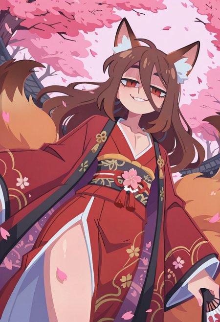 Sfw,  highest quality, masterpiece, intricate details, highly detailed, deep red drapped kimono with gold embroidery, embroided kimono, japanese fan, dutch angle, cowboy shot, dynamic shot, dynamic pose, 1 boy, solo, otoko no ko, flat chest, pectorals,  brown fox ears, long hair, long bangs, brown hair, fox tail, nine tails, masculine eyes, masculine face:0.8, average physique, tall, yandere, smirk, chiaroscuro, very awa, t4kar4i_illu, no_outlines,no lineart, vanripper:0.2, cherry blossom, petals, pink atmosphere
