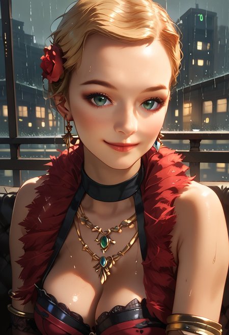 SCORE_9, SCORE_8_UP, SOURCE_ANIME, PORTRAIT, CLOSE UP, FACE FOCUS, SUBTLE SMILE, 1GIRL, SOLO, JESSICA ROSE, BLONDE HAIR, GREEN EYES, CHIGNON, HAIR FLOWER, CHOKER, EARRINGS, FEATHER BOA, COREST, TIERED MINISKIRT, 1ARM CUFF, BRACELETS, ELBOW GLOVES, NECKLACE, BREAK, DARK CITY, RAINING