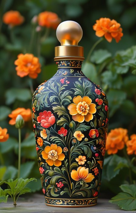 masterpiece,best quality,<lora:tbh230-sdxl:0.9>,illustration,Khokhloma, A bottle of perfume in garden