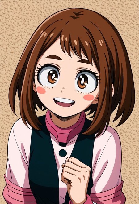 1girl, ochako_uraraka, brown hair, brown eyes, white pupil, blush stickers, happy, ANIMESTYLE