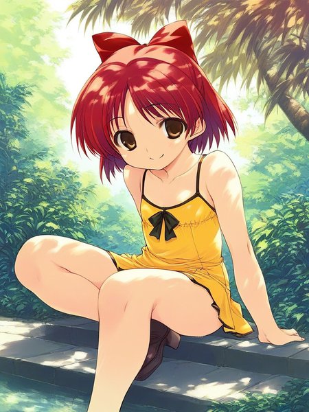 score_9, score_8_up, score_7_up, source_anime, rating_explicit, BREAKã <lora:Kousaka_Tamaki_XL:1> KousakaTamaki, 1girl, solo, Yellow dress, sitting, smile, short hair, light red hair, hair bow,  bow, outdoors, short stack,
flat chest,