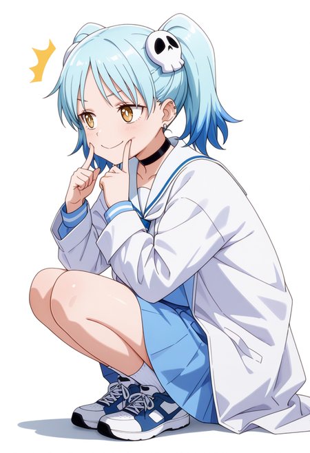 masterpiece,high quality details, absurdres,
 <lora:Izutsumi_Marín:0.8>
izutsumi_cnr, 1girl, blue hair,yellow eyes, multicolored hair,  skull hair ornament, twintails, black choker,ear piercing,
white sailor collar, blue serafuku, blue shirt,blue skirt,labcoat, white socks, sneakers,, simple background, white background, from side,solo,, ^^^,fingersmile,, ^q^,, ultra realistic, high detailed skin,