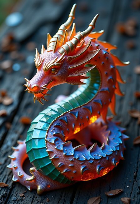 highly detailed crystal huge inmense dragon (with fine textures) on a weathered, textured black wooden surface, vibrant contrast between the (crystal huge inmense dragon) and the (faded, peeling wood), depth and shadow enhanced using (Gaussian blur) for a soft background focus, (sharpen filter) applied to the crystal huge inmense dragon, (color grading) to enhance contrast between warm and cool tones, (lens flare) subtly added to create natural lighting effect, (noise reduction) for a smooth, clean finish, (HDR toning) used for extra depth and detail, emphasizing the intricate patterns in both the crystal huge inmense dragon and wood grain