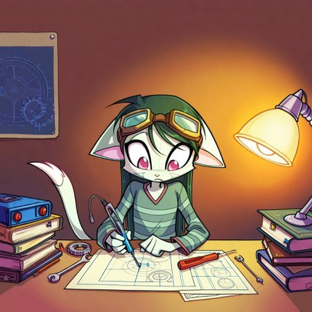 score_9, score_8_up, score_7_up,lilith_calah,
1girl,solo,furry,tail,dark green hair, source_furry,
 ,<lora:lilith_calah_illustrious:0.8>,
child, kid, 
screwdriver, wires, robot_parts, goggles, desk, blueprint, striped_shirt, gears, lamp