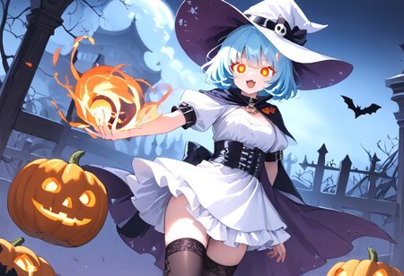 (masterpiece), (score_9, score_8_up, score_7_up,source_anime), 4K8K, 
from behind, Floating Halloween pumpkins, 
halloween, halloween fantasy, trick or treat, adjusting clothes, 
Japanese cute woman, sitting on pumpkin, closed legs, (solo), cream skin, burning pumpkin, Fire Ball spell casting, (dark aura:1.4), open mouth, Canine, tooth, fang, cat tails, 
(medium figure:0.9), (pointy breasts:1.1), 
(opal hair, bob cut hair), (red glowing eyes, slanted eyes:1.2), 
(wearing white Witch Costume, witch, white dress, white hat, zettai ryouiki, orange  garterbelt,  thighhighs:1.2), misty, steam, fog, skull object, burning skull, burningeye, flaming eye, flaming sword, 
(in Foggy graveyard at dark night:1.3), nekomata, cat girl, cat ears, animal ears, animal ear fluff,