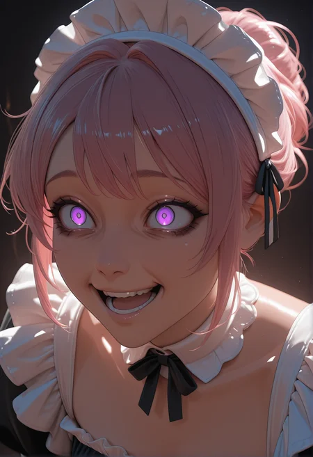 <lora:CivChan:1> Civchan, digital art, female portrait, realistic 3D illustration, purple eyes, maid headdress, pink hair, elegant updo, soft lighting, contemplative expression, dark background, subtle makeup, high-resolution, detailed texture, emotional depth, dramatic mood, classic black dress,  crazy eyes, laughing, serene atmosphere, cinematic lighting.