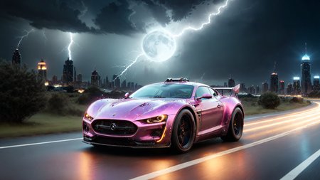 Hyperrealistic art a sci-fi future sportscar in random colors passing by,  (camera from front:1.3), light speed, neon, flash, motion trail, (stars and a future City in the background:1.3), motion blur, epic visual effects, interstellar, flow, detailed, scifi, star blast, dark vibrant colors, cosmic art, stars in background, cinematic scene, lens flare, god rays, glow,  glowneon, glowing, sparks, fullmoon night, stormy weather, lightning, ultra detailed , dramatic lighting, shallow depth of field detailed background, dark noir style, HDR, RAW, ray tracing reflections, sharp focus, ultra realistic
<lora:dreamcolor:0.3> <lora:style:0.3> <lora:EDG_-_Test_Lora:0.3> <lora:SDXLHighDetail_v5:1> <lora:LowRA:1> <lora:ste4mpunk:1> . Extremely high-resolution details, photographic, realism pushed to extreme, fine texture, incredibly lifelike