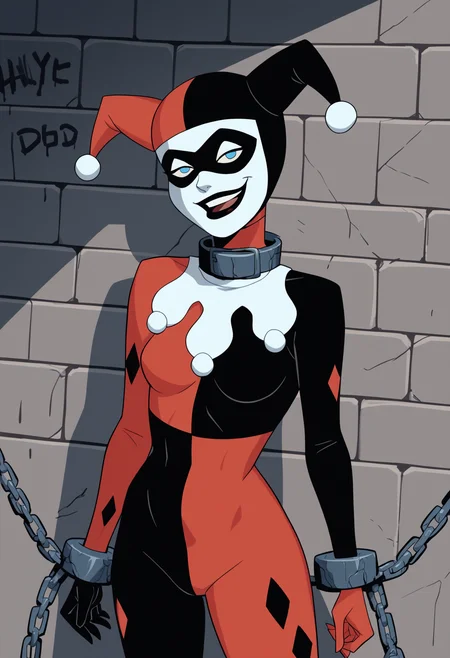 score_9, score_8_up, score_7_up, score_6_up, score_5_up, score_4_up, BREAK source_cartoon,
1girl, hq1992, domino mask, jester cap, bodysuit, blue eyes, gloves,
chained collar, chain, leotard,
indoors, stone wall, graffiti, dirty, mold, looking at viewer, defeat, crazy smile   <lora:HQ1992XL:1>