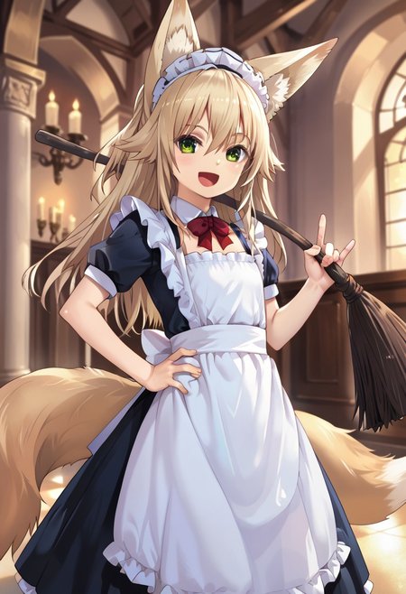 score_9,score_8_up,score_7_up,score_6_up,source_anime,masterpiece,best quality,highres,absurdres,official art,official style,source_anime,anime screencap,anime coloring,megami magazine,anime,animated,2d,(1girl, solo), Kokonoe_Tsubaki, green eyes, long hair, flat chest, fox ears, (fox tail), maid, maid uniform, long skirt, apron, ((contrapposto, one hand on hip)), ((holding broomstick)), looking at viewer, (open mouth smile), mansion, indoors,