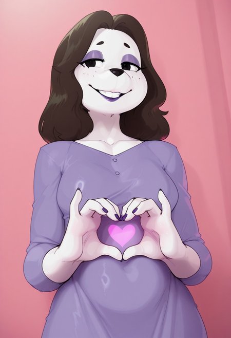 , 1girl, solo, medium build, medium hair, covered skin, flowy dress,  black eyes, purple lipgloss, smiling, portrait, upper body, heart hands, mature female, foreshortening, detailed, newest, shiny skin, cowboy angle, solo focus, furry, anthro, furry female, long hair, mdthetest, small breasts