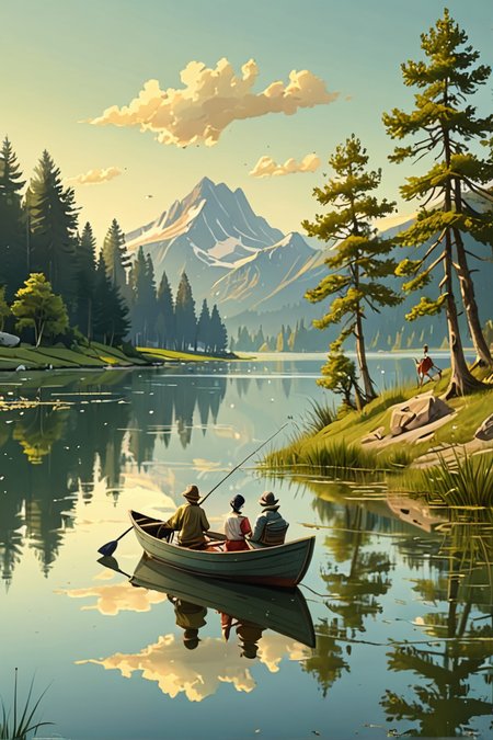 (Absurd Caricature),  A serene lake, with a couple fishing from a small boat, enjoying the peace and quiet.
