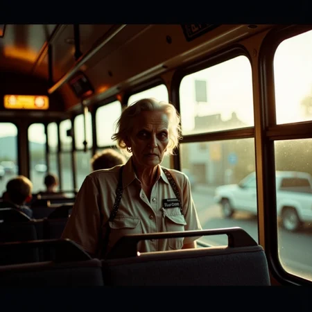 analog film photo Half-body portrait, city bus frozen mid-route, early golden hour: A middle-aged woman zombie stands behind the front bus window, her face lit softly by the sinking sun outside. She wears a faded name tag, a retail uniform, and has a grocery bag still hooked around one hand. Her face is sallow but symmetrical, lips parted just slightly to show worn, greying teeth. Her sclera eyes are milky white and catch the gold glow. Shot with a Pentax 67, 105mm, film: Kodak Ektar 100, sun backlighting the smudged window and using the bus aisle mirrors as reflectors. Dust floats in the air behind her. A child's toy sits abandoned on the next seat. It's intimate and tragicâan echo of routine life turned still.
 <lora:undead denizens v2.2:1> . faded film, desaturated, 35mm photo, grainy, vignette, vintage, Kodachrome, Lomography, stained, highly detailed, found footage