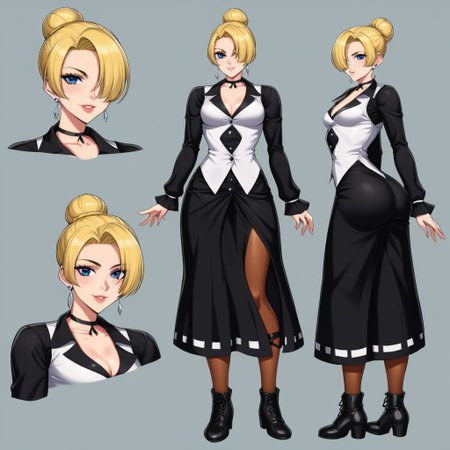 , ,source_anime,maturekfs,mature_(kof) , small breasts, cleavage, pantyhose, blonde hair, hair bun, hair over one eye, blue eyes , earrings, choker , long dress, ankle boots, black shorts , long sleeves, loose sleeves, vestthigh strap ,  beautiful woman face, beautiful lips, lipstick, (different emotional expressions)  ,nsfw, perfect ass, flat,good anatomy ,multiple views of the same character,model sheet,chatacter sheet  ,