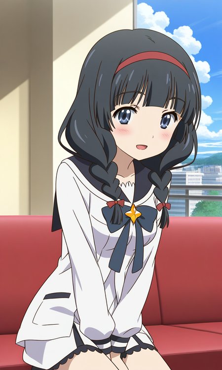 general,highres, ultra-detailed,very aesthetic,best quality ,best hands,  BREAK <lora:Itsuki_Houkago_no_Pleiades_IS:1> BREAK,
Itsuki(Pleiades), 1girl,solo, black hair, long hair, blue eyes, red hairband, twin braids, blunt bangs,breasts, anime coloring, BREAK,
 solo,  school uniform, blush, smile, cloud, sky, serafuku, upper body, long sleeves, cloudy sky, shirt, ribbon, v arms, blush, open mouth,
hotel, room, sofa,
smile,looking at viewer, cowboy_Shot,