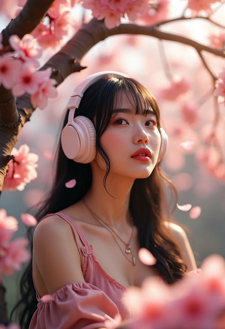 photorealistic photography of a dreamy scene of a woman perched on a cherry blossom tree, surrounded by pink petals floating in the breeze, wearing large headphones, lost in music, soft beams of sunlight breaking through the canopy, hyper-realistic, ultra-detailed floral patterns, naturalistic lighting, soft pastel colors, flowing dress fabric, intricate hair strands, relaxed and peaceful expression, ambient occlusion, ray-traced reflections, high contrast, ethereal glow, dynamic depth of field, cinematic framing, tranquil mood
The woman characteristic are, curvy body, beautiful large round eyes, large breasts,   black hair, long bangs,  brown eyes. She is wearing necklace, ring,  piercing, bracelet, wristwatch, fake nails,