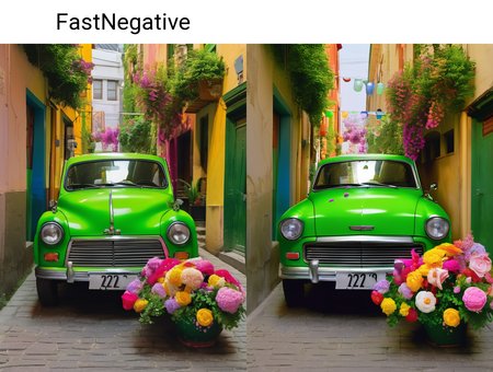 There is a green car in a small alley with colorful flowers on it