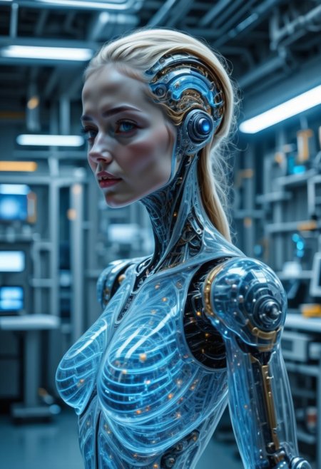 BODY SHOT, extremely detailed, 8k, (BEAUTIFUL BLONDE FEMALE ANDROID:1.3),  BLUE EYES, IN A HIGH TECH FUTURISTIC LABORATORY, LEDS, BIOMECHANICAL BODY PARTS, (TRANSPARENT ULTRA DETAILED BODY shell:1.5) SHOWING blue and gold CIRCUITRY shining bright INSIDE THE BODY, Detailed hand, (DYNAMIC POSES :1.5),  ,EyesHD,Expressiveh
