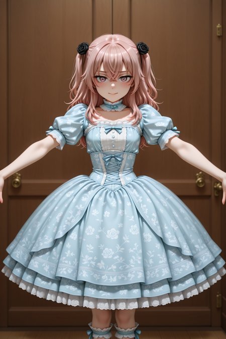 masterpiece, best quality, amazing quality, 1girl, solo, makeup, general, looking at viewer, blush, cowboy shot, smile, boutique, indoors, fancy, blush, lovely, spread arms, anime screencap, <lora:sajuna-inui-s1-illustriousxl-lora-nochekaiser:1>, sajuna inui, inui sajuna, long hair, bangs, hair ornament, hair between eyes, pink hair, pink eyes, two side up, crossed bangs, black flower, black rose, mature female, small breasts, <lora:Azure_Grace_Doll_Dress:1>, Azure_Grace_Doll_Dress, blue dress, frilled dress, layered dress, cross-laced clothes, blue bow, blue ribbon, puffy short sleeves, floral print, lace trim, corset, neck cuff, white socks, frilled socks, shoes, footwear bow, <lora:wai-2Rectified-V140:1>, <lora:illustrious_noobai_epsilon_pred_1_masterpieces_v1:1>