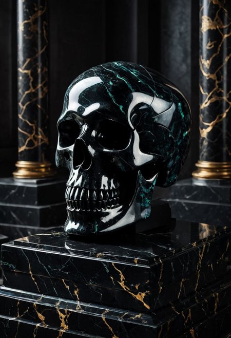 Fujifilm XT3, Sony A7 IV, (award winning photography) a (black: 0.89) marble skull made of opal (Kintsugi: 0.89) set on a pedestal in temple, glistening. in the background beautiful pillars, divine (iridescent: 0.79), opalescent textures, volumetric light, ethereal, sparkling, studio photo, highly detailed, sharp focus (highest quality: 1.39) (highest coherency: 1.39) (award winning photography), highly detailed photography, (muted colors, cinematic, dim colors, soothing tones:1.2), vibrant, insanely detailed, hyperdetailed, (dark shot:1.2), (vsco:0.3), (intricate details:0.9), (hdr, hyperdetailed:1.2) (vignette), sss, raw photo, fijifilm, kodak, cinematic film grain