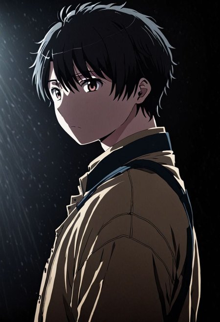 high resolution, solo, best quality, 1Boy, Inaho Kaizuka, Black Hair, cool, Mysterious black background, Movie lighting, a sense of atmosphere, OverallDetail