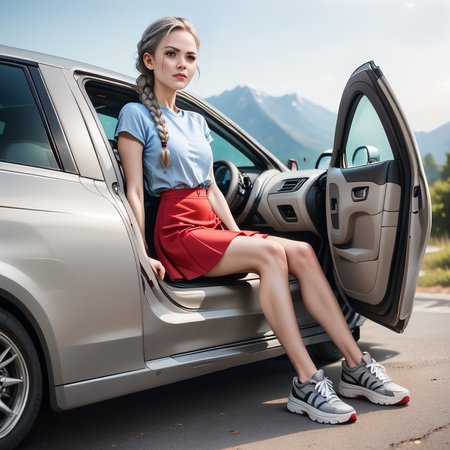 score_9, score_8_up, score_7_up, score_6_up, score_5_up, score_4_up,  slim girl sitting in gray car,  gooc,  sneakers, short red skirt, blue blouse , a blond braided ponytail .
 <lora:GetOutOfCarPony:.7>