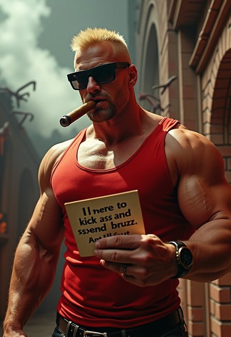 masterpiece, best quality, highly detailed, score_9, score_8_up, score_7_up, 
BREAK, 70mm lens, full-color photograph, shadows, cinematics lighting, volumetric lights, realistic lights, three quarter view, film grain, 
BREAK, cowboy shot, zoom out
BREAK, Very muscular man, Duke Nukem, buzz-cut hair, blonde, strong jawline, view from below, wearing tight red shirt, smoking a fat cigar, wearing sunglasses, hellish landscape in the background, demons in the background, ,
BREAK,
Holding a card that says "I'm here to kick ass and spend buzz. And I'm all out of buzz."