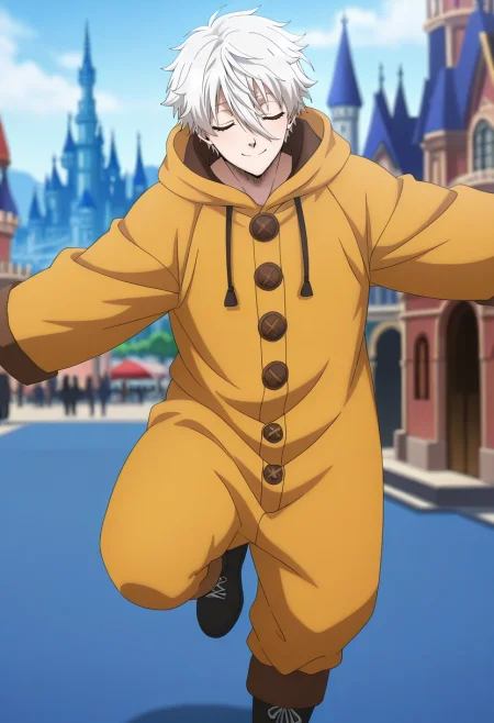 masterpiece, best quality, , anime screencap, anime coloring, official style, , depth of field, 1boy, solo, male focus, <lora:seishirou_nagi_ilxl:0.98>, seishirou_nagi, white hair, brown eyes, short hair, bangs, hair between eyes, profile, disneyland, noon, standing on one leg, (closed eyes:1.2), smile, dwarf costume