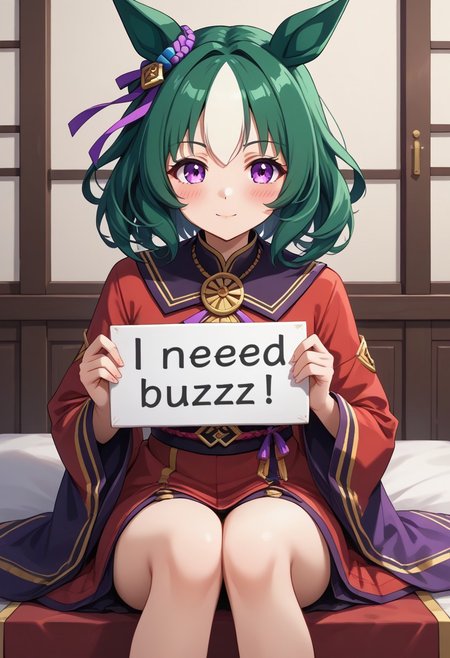 (umamusume, durandal_(umamusume), 
, need_buzz
, In the 2D anime style, the character is Murasame from "Senren Banka". She has long light - green hair adorned with purple bows and colorful ribbons, and her eyes are red. She is dressed in traditional Japanese clothing. The main part of the clothing is dark - colored, matched with a red sash and gold decorations. She wears a wide, dark - colored robe with large sleeves. The character is sitting in a relaxed posture with her legs crossed. The overall atmosphere is light - hearted and cute. The background is pure white, which highlights the character.
need_buzz, holding sign
