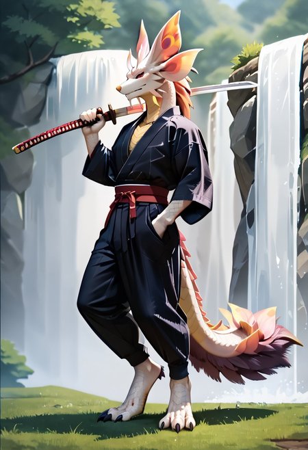 zPDXLscore_9,score_6_up,score_8_up,score_7_up,score_5_up,score_4_up,best quality, <lora:Mizutsune-XL-ADAM-V2-000035>, mizutsune, anthro, dragon, white scales, purple tail fur, male, solo, digitigrade, detailed tail, halfbody, black sclera, red eye shadow, tall, athletic, ronin clothes, male black color kimono, black medieval pants, standing pose, badass pose, katana, holding katana, katana over shoulder, serious expression,  waterfall river background, detailed background, view from side, semi-anime style