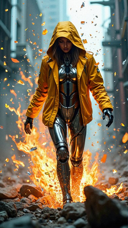 Cybernetic Phoenix in the Shard Storm
"A fierce cybernetic woman emerges from a storm of shattered glass, her metallic limbs reflecting the sharp fragments around her. Her yellow jacket glows brightly as if defying the darkness. The glass shards swirl like flames, creating a dynamic, chaotic backdrop. Perspective: a medium shot with shards appearing to fly toward the viewer, creating depth and motion."

RAW photo, photorealistic, high reflection detail, 


















