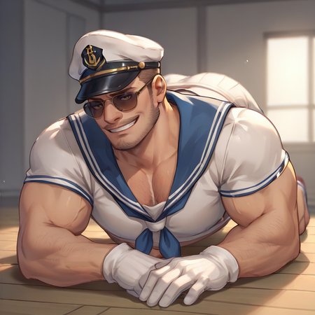 Sailor_chris man, beard, sunglasses, mature male, bara, sailor costume, sailor hat, sailor collar, smug, posing, smiling, sultry pose, laying on wooded floor, warm lighting, <lora:Chris_Redfield_Sailor_Chris:.5> white gloves  <lora:WolfConF_Style_PonySDXL:.5>, score_9, score_8_up, score_7_up, <lora:Smooth Anime 2 Style SDXL_LoRA_Pony Diffusion V6 XL:.3>   <lora:add-detail-xl:.8>  zPDXL3,