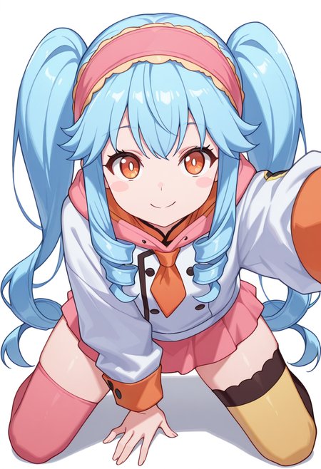 masterpiece,high quality details, absurdres, 
kneeling pose, one hand on the ground, other hand reaching forward, focused gaze, tense muscles,  ,
 <lora:Michiru_Kusagakure:0.8>
michiru_cnr, 1girl, blue hair, long hair, twintails, drill hair, sidelocks, orange eyes, blush stickers,hairband,, ^q^,, simple background, white background, front view,solo,, hoodie ,chef coat  ,skirt,,mismatched legwear thighhighs,