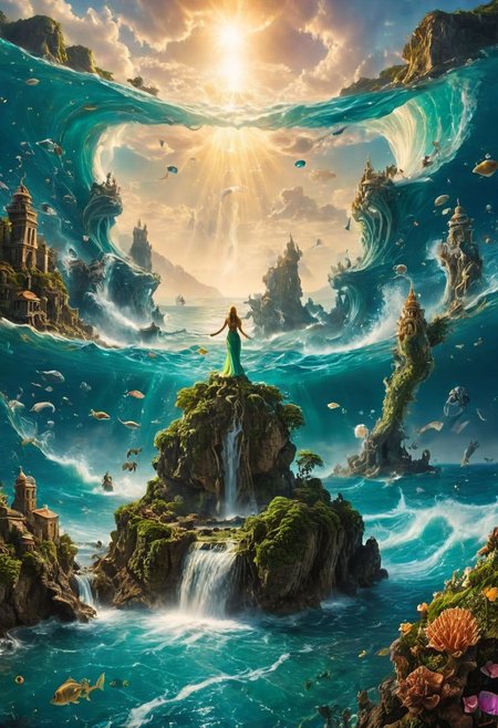 perfect photograph, vast expansive very wide angled photograph, ((in the distance the ocean and seacreatures, mermaids, (the entire water realm), are seen being created by water pouring out of the beard and mouth of Lir (the sea deity)), 
realisticvision-negative-embedding, epiCRealism