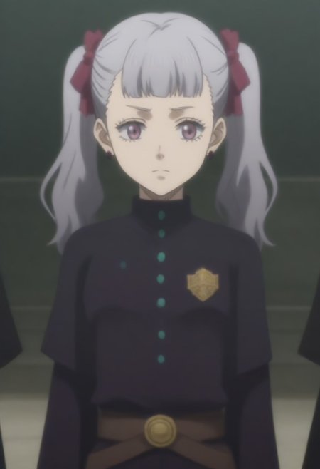 source_anime, anime screencap, source_anime, auratheguillotine, anime screencap, masterpiece, source_anime, shiny skin,,,,,,<lora:noellesilva-pdxl-nvwls-v1-000005:1> noelle silva, grey hair, purple eyes, twintails, hair ribbon, black capelet, green strap, white and purple dress, long sleeves, belt,