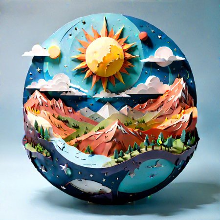 a paper sculpture of a fantastic scenic view: A stella of start, a scenic montans, the the sky, the sun and an planet arround him. matte color tone.