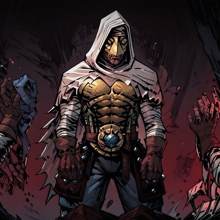 score_9, score_8_up, score_7_up, masterpiece, best quality, newest, absurdres, highres, 1boy, DDLEP-V1.0, armor, mask, metal mask, golden mask, gloves, brown gloves, bandages, hood, hood up, abs