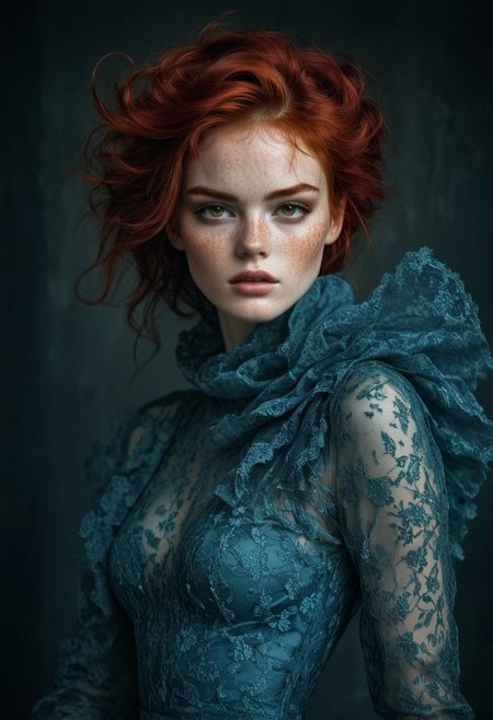 Beautiful redheaded woman with freckles, wearing a lace dress, with dark red eyes and messy hair, in the style of fine art fashion photography, in the style of Roberto Ferri and Peter Lindbergh, blue and red tones