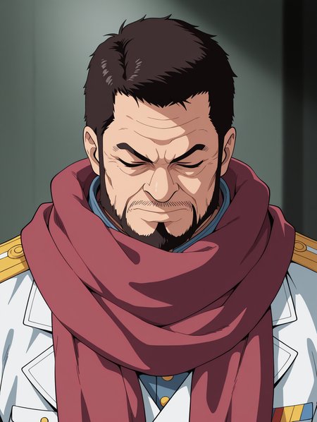 masterpiece, best quality, amazing quality, 1 boy, male focus, solo, Issho, upper body, uniform, facial hair, short hair, parody, beard, scarf, military, closed eyes