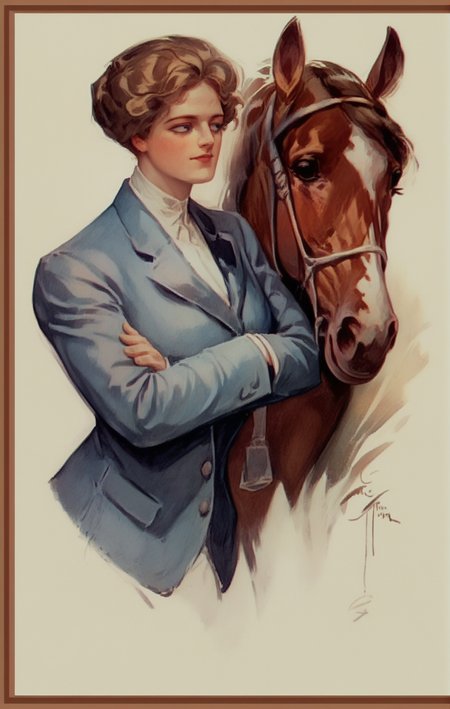 <lora:harrison-fisher_pony_v2:1> 'untitled' by fisher harrison in 1234, , kitsch \(genre\),design \(genre\),a portrait of a woman in a blue blazer standing next to a brown horse, score_9, score_6_up, score_7_up