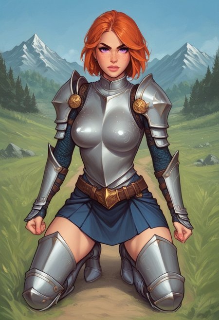 portrait, (adult woman), (1girl, company of heroes), (looking at viewer), ((knight, armor, skirt)), freckles, (orange hair, medium hair), (purple eyes), (best quality, high detail), ((masterpiece)), ((ready to fight, holdind big gladius in hands)), <lora:1_ino_20e:1>
BREAK 
((field, mountains)) score_9, score_8_up, score_7_up, score_6_up, source_cartoon, rating_explicit, Expressiveh, (((((full body))))), dynamic pose