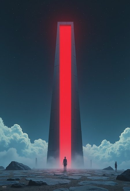 wallpaper with kubrick monolith, surreal, peopleless realistic scene of End of Evangelion