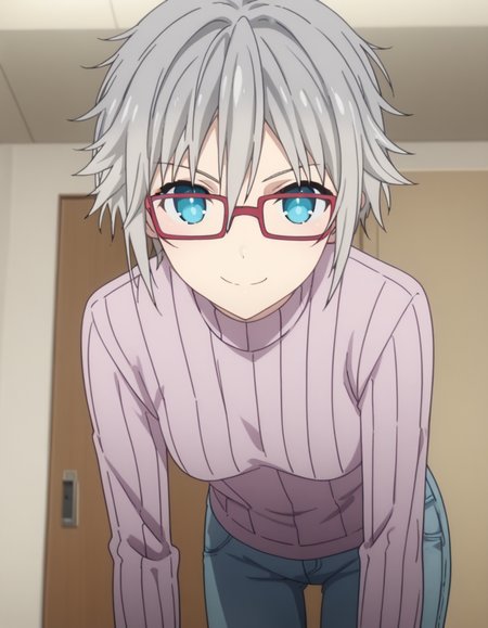 score_9, score_8_up, score_7_up, source_anime,
niahonjou,  <lora:nia-honjou-s4s5-ponyxl-lora-nochekaiser:1>,
nia honjou, short hair, blue eyes, grey hair, glasses, red-framed eyewear,
sweater, turtleneck, ribbed sweater, pants, denim,
indoors, bent over, smile,
looking at viewer, solo, cowboy shot, dutch angle,