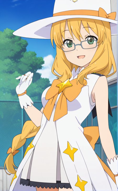 masterpiece, best quality, highres, newest, 1girl, solo, official style, anime screencap, <lora:Magical_Girl_Outfit:1>, houkagogirl, magical girl, orange bow, white hat, blonde hair, braided ponytail, green eyes, glasses, looking at viewer, smile, outdoor, cowboy shot, hand up, open mouth, medium breasts